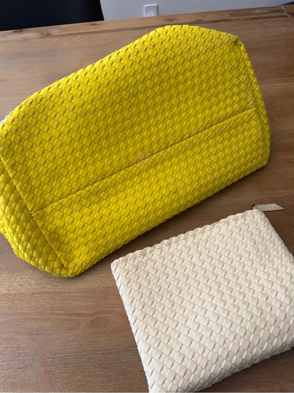 Naghedi Yellow & Cream Woven Tote with Matching Pouch